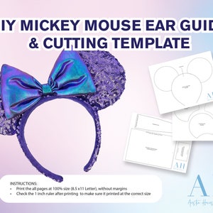 Może przedstawiać: Wzorzec DIY do uszu Myszki Miki i szablon do cięcia z instrukcjami drukowania w 100% rozmiarze (8,5 x 11 cali) bez marginesów. Sprawdź linijkę 1 calową po wydrukowaniu, aby upewnić się, że wydruk został wykonany w odpowiednim rozmiarze. Austra Hans Design Co.