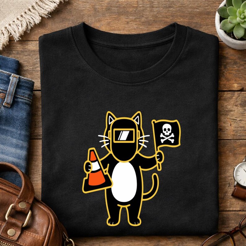 May include: Black t-shirt featuring a cartoon cat wearing a welding mask and holding a traffic cone and a flag with a skull and crossbones. The cat has a white belly and yellow outline.