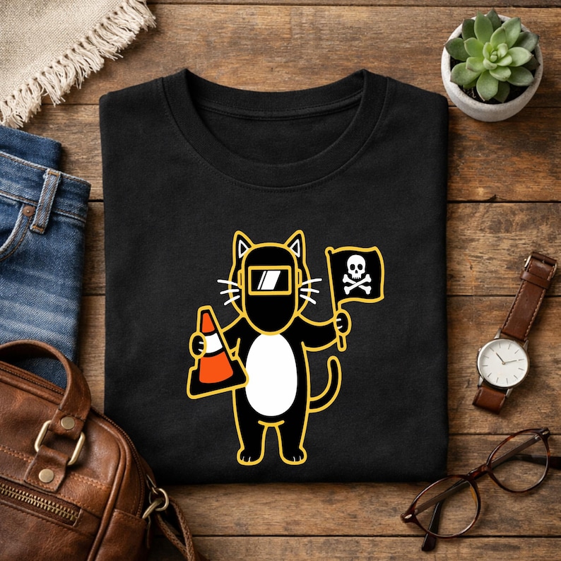 May include: Black t-shirt featuring a cartoon cat wearing a welding mask and holding a traffic cone and a pirate flag with a skull and crossbones. The cat is outlined in yellow, with a white belly.