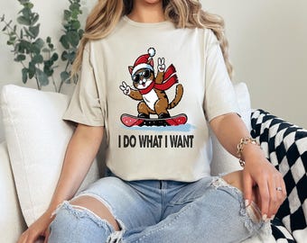 2 PNG Funny Christmas Snowboarding Cat Shirt: I Do What I Want (Digital Download)