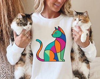 Piet Cat T-Shirt Abstract Art Cat Lover Gift, Mondrian Style Cat Graphic Tee, Color Block Cat Shirt PNG Digital Download