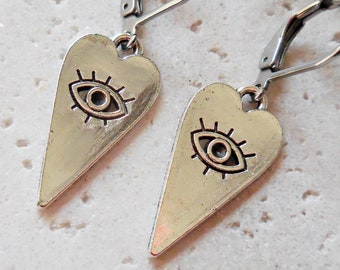 Eye of Horus Heart Earrings, Protection Amulet Jewelry, All Seeing Eye Drop Earrings, Spiritual Gift Mystic Egyptian Eye Boho Love Silver