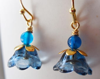 Blue and Gold Flower Earrings, Small Blue Flower Earrings, Botanical Dangle Earrings, Handmade Floral Jewelry, Dainty Hook Earrings