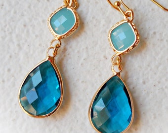 Blue and Mint Opal Glass Drop Earrings, Capri Blue Dangle Earrings, Gold Plated Long Faceted Blue Green Mint Opal Teardrop Crystal Glass