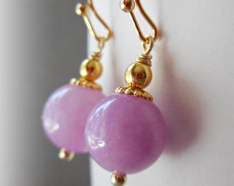 Purple Lepidolite Jade Earrings, Natural Gemstone Dangle Earrings, Gold Plated Purple Crystal Drop Earrings Mauve Pink Purple Gem Stone Bead