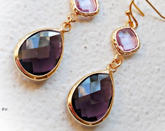 Purple Lavender Glass Drop Earrings, Amethyst Purple Dangle Earrings, Gold Plated Dressy Long Faceted Violet Teardrop classic gift for women