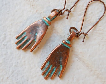 Hand Palm Earrings Rustic blue green patina copper earrings Long drop dangle earrings Mystic hand palmistry spiritual jewelry magic folk
