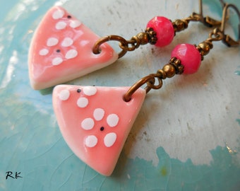 Long Pink Ceramic Drop Dangle Earrings Peach rose earrings Coral garden flower Floral Earring ruby red jade quartz Tuscan pink Brass bronze
