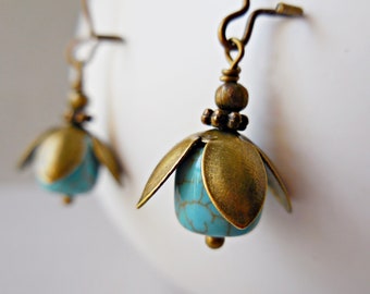 Unique Boho Dangles Long Gold Lotus Flower Charm Earrings with White Jade Stones /& Turquoise Czech Glass Rustic Zen OOAK Gift for Women