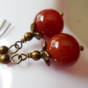 Red carnelian earrings, genuine carnelian earrings, natural gem stone earrings, handmade carnelian and brass earrings, bronze jewelry, red