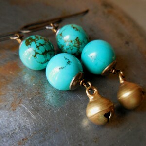 Rustic turquoise drop earrings, turquoise earrings with bell, natural blue green long dangle brass bronze gipsy festive summer jewelry beach