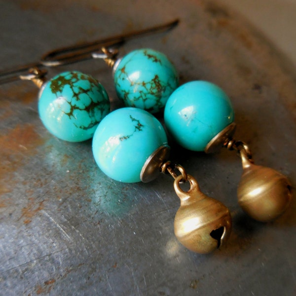 Rustic turquoise drop earrings, turquoise earrings with bell, natural blue green long dangle brass bronze gipsy festive summer jewelry beach