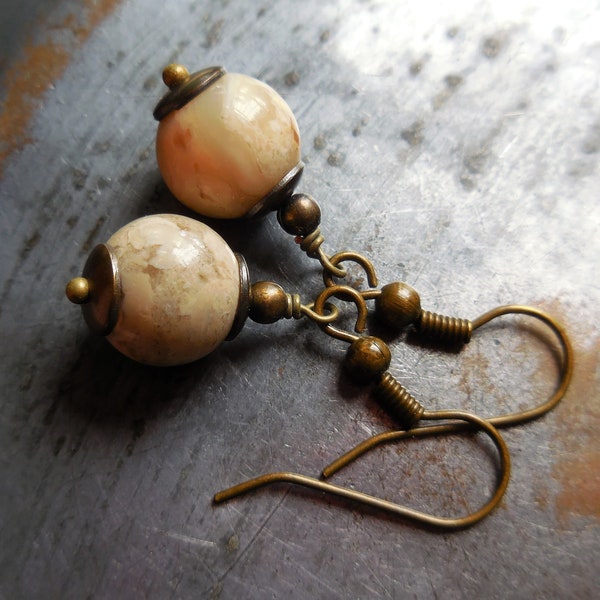 African opal earrings, natural Africa opal earrings, gem stone earrings, handmade brass earrings gemstone bronze jewelry rustic ethnic style