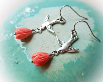 Swallow Earrings Long dangle earrings Floral Flowers Swallow birds with faux coral flowers Bird earring silver metal handmade gift for her