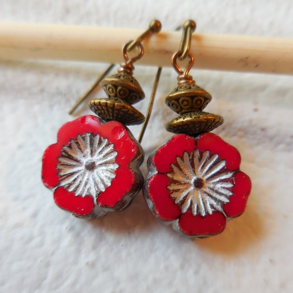 Red Flower Earrings Dangle earrings Czech glass Drop earrings Red flowers Rustic vintage brass Boho chic Bohemian gift for women Mother gift