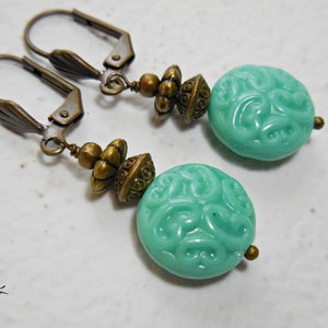 Mint Blue Earrings Dangle earrings Czech glass Drop earring Turquoise Blue Green Rustic vintage brass Boho chic Green Bohemian gift for her
