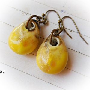Yellow earrings Yellow ceramic drop dangle earrings Brass bronze earrings Rustic earrings Minimalist jewelry Simple Farm house chic shabby