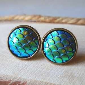 Mermaid scale stud earrings, blue green iridescent resin cabochon rainbow mermaid tail round post earrings ocean style bronze dragon costume