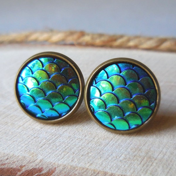 Mermaid scale stud earrings, blue green iridescent resin cabochon rainbow mermaid tail round post earrings ocean style bronze dragon costume