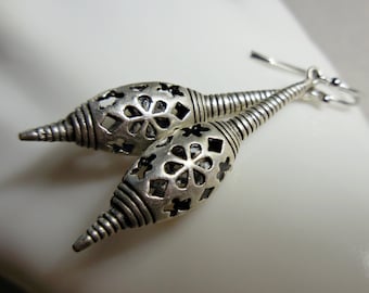 African style earrings, long ethnic tribal metal dangle earrings, big chunky earrings Africa styled silver brass flower antiqued oxidized