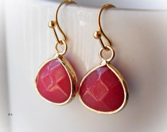 Ruby Jade Earrings Ruby Red Stone Dangle Earrings Gold Plated Framed Dressy Small Faceted Stone Dangle Drop Earrings Delicate Gift For Women