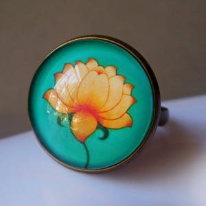 Lotus flower ring Lotus flower brass ring Sacred flower blue green teal Water lily antique bronze ring adjustable Waterlily glass