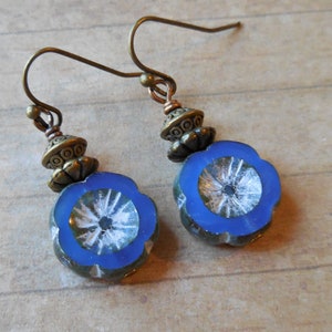 Blue Flower Earrings Sapphire Blue Dangle Earrings Czech glass Drop earrings flower Rustic vintage brass Boho Bohemian gift for women Mother