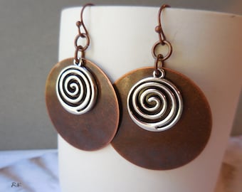 Rustic Copper Dangle Earrings, Mixed Metal Disc, Spiral, Large Boho Earrings, Copper and Silver, Bohemian Jewelry, Artisan Hippie Earrings