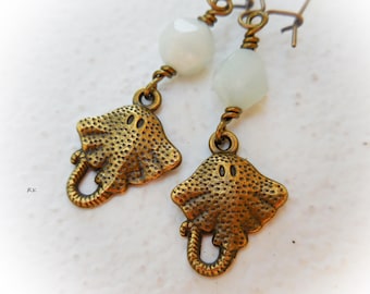 Stingray Charm Earrings with Amazonite Stones | Long Antiqued Brass Bronze Earrings | Ocean-Inspired Boho Jewelry Fish Manta Ray Marine Sea