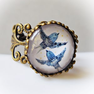 Blaue Vögel Ring fliegenvogel Ring schlucken Vogel Zeichnung Ring Band süße Liebe Vogel schlucken Bronze Glas Ring Schmuck Antik Messing Vintage-Stil