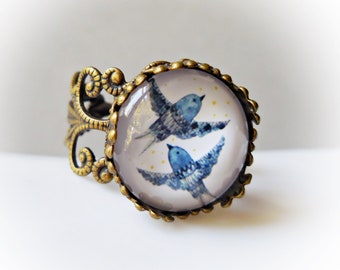 Blue birds ring flying bird ring swallow bird drawing ring band cute love bird swallow bronze glass ring jewelry Antique brass vintage style