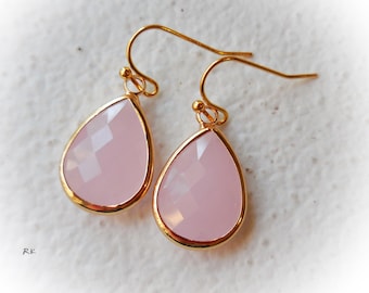 Pink Jade Glass Drop Earrings, Pink Dangle Earrings, Gold Plated Dressy Small Faceted Teardrop, soft pink, rose quartz glass, classic gift