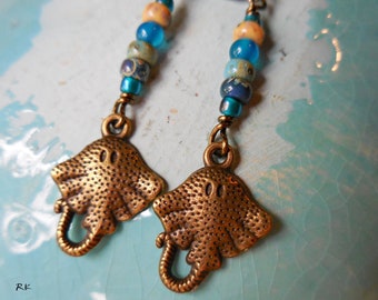 Stingray Earrings Long stingray dangle earrings Manta fish Sea ocean nautical Blue jade glass sealife earrings brass bronze handmade gifts