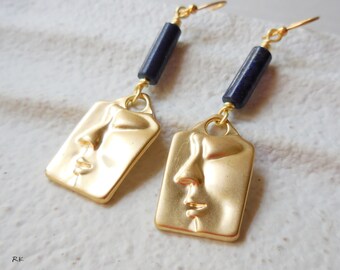 Gold Plated Earrings with Natural Lapis Lazuli Beads & Face Charm - Statement Earrings - Boho Chic Style - Modern handmade gemstone jewelry