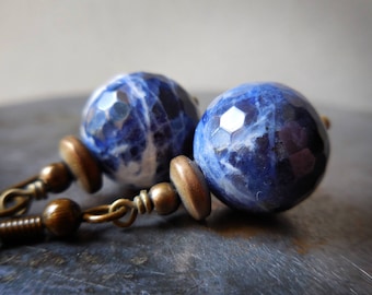 Natural sodalite earrings, blue sodalite earrings, natural gem stone earrings, gemstones and brass jewelry, handmade, rustic simple modern