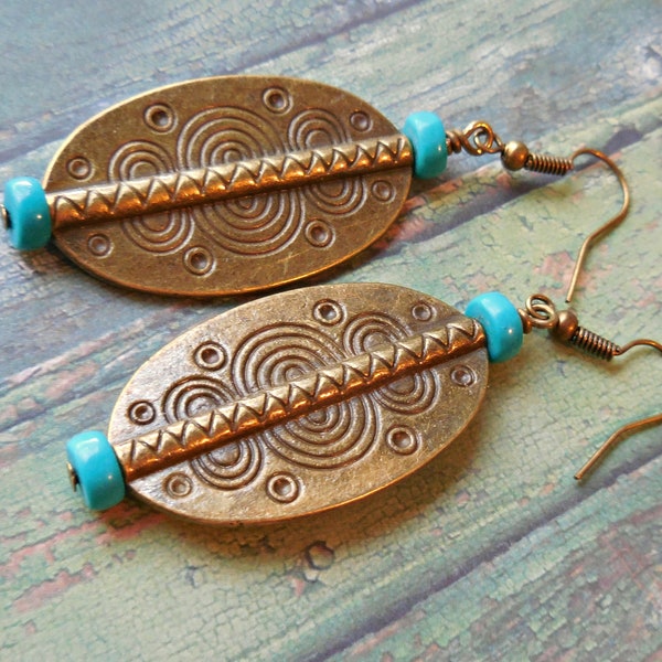 Large ethnic earrings Turquoise boho earrings Bohemian earrings Bronze brass rustic Long big statement bold Turquoise stone Dangle earrings