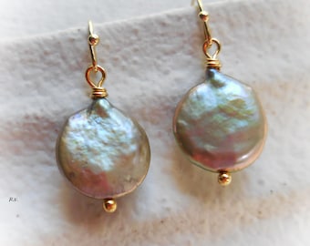 Sage Green Freshwater Pearl Dangle Earrings Gold-Plated Brass - coin pearls coastal modern seaside beach mermaid inspired nautical boho chic