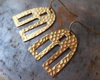 Handmade Brass Earrings, House Home, Geometric Earrings, Long Big, Hook Earrings, Raw Brass, Simple Minimalist Style Jewelry, Boho Metal