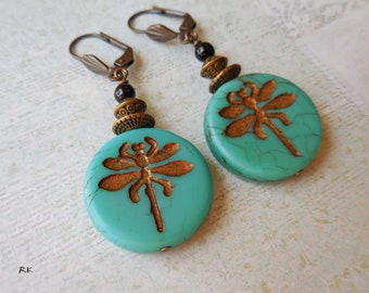 Turquoise blue earrings Dragonfly earrings Light blue Czech glass bead Brass bronze Insect Butterfly Blue dangle drop long Nature lover gift