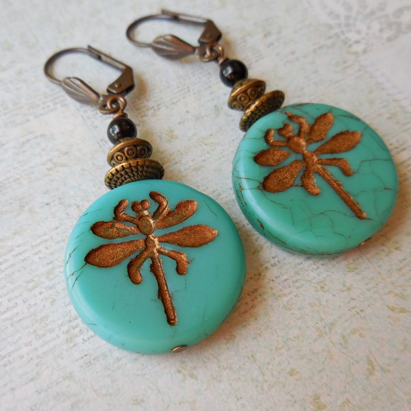 Turquoise blue earrings Dragonfly earrings Light blue Czech glass bead Brass bronze Insect Butterfly Blue dangle drop long Nature lover gift