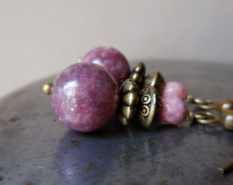 Lepidolite earrings, natural gemstone earrings, purple lilac lepidolite gem stone earrings, brass, rhodochrosite, handmade bronze jewelry
