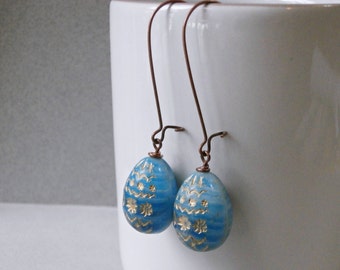Long blue egg earrings, sky blue gold, Easter eggs, Easter jewelry, antique copper and large Czech glass beads, copper earrings, fashion