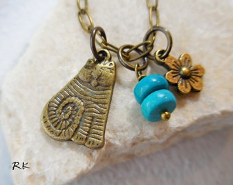 Cat Flower Turquoise Pendant Necklace boho necklace bohemian pendant cute kitten brass bronze metal stone handmade gift for her for women