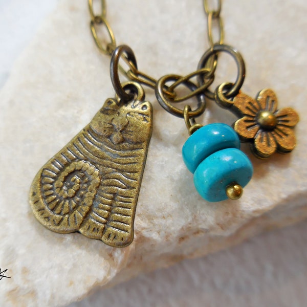 Cat Flower Turquoise Pendant Necklace boho necklace bohemian pendant cute kitten brass bronze metal stone handmade gift for her for women