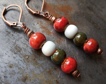 Colorful earrings Red Green Sky Blue Beaded Copper Handmade Ceramic Porcelain Bead earrings Drop dangle earrings copper boho Morrocan style