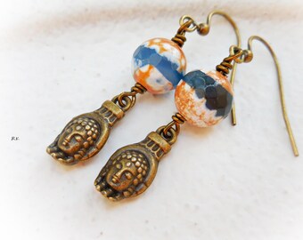Buddha Earrings with Blue Dzi Beads Agate Stones, Buddha Head in Hand Palm, Long Antiqued Brass Earrings Spiritual Healing Boho Tibetan Zen