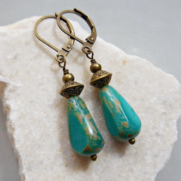 Teal Green Earrings Dangle earrings Czech glass Drop Earring Turquoise Blue Green Rustic vintage brass Boho chic Green Bohemian gift for her