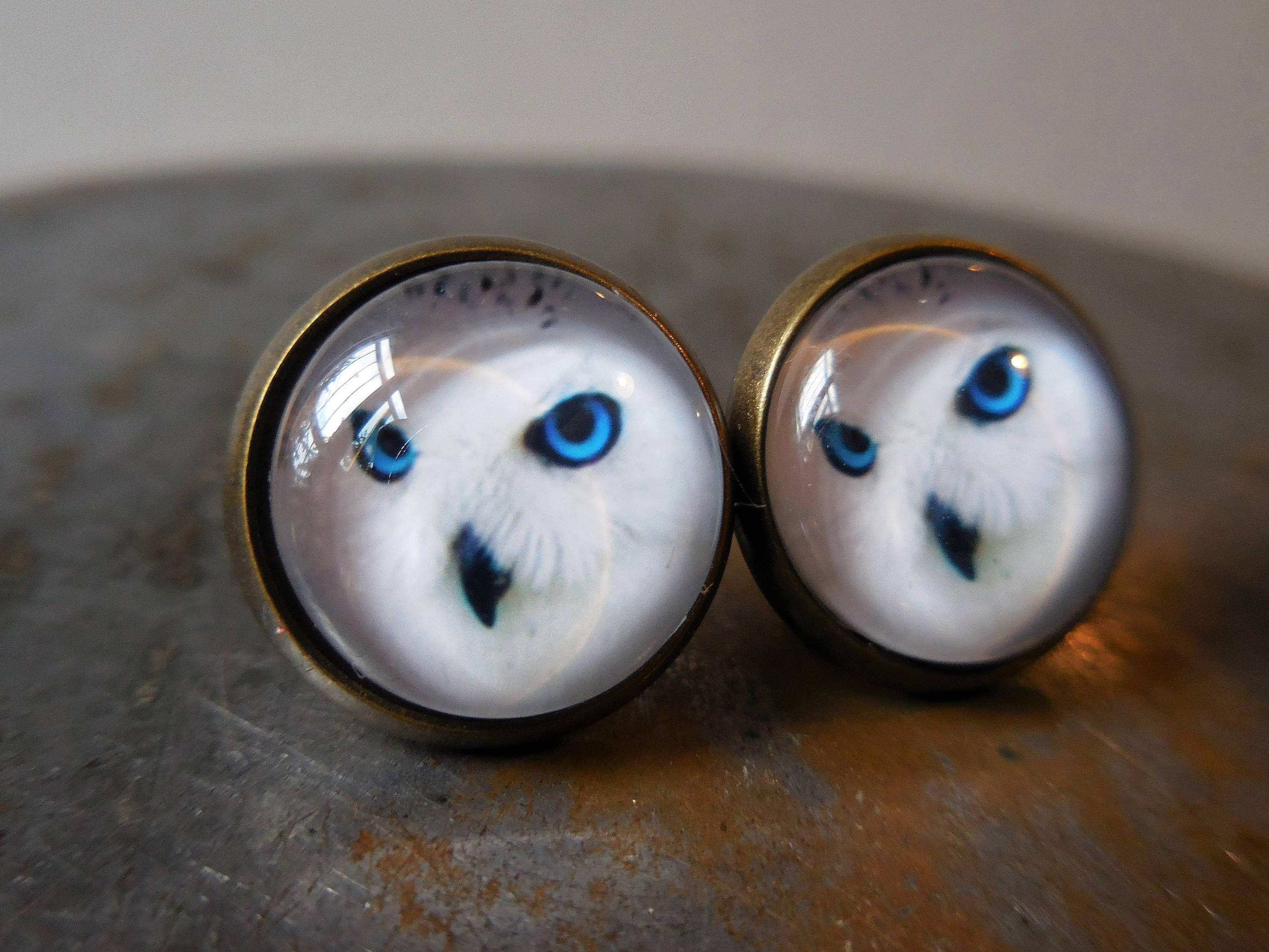 Snowy Owl Stud Earrings, owl gifts, white owl earrings, bird earrings gift handmade jewelry antique