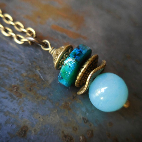 Bohemian necklace 'Rustic Seashore' natural amazonite and chrysocolla ocean themed gem stone blue green boho chic ethnic tribal gypsy jewels