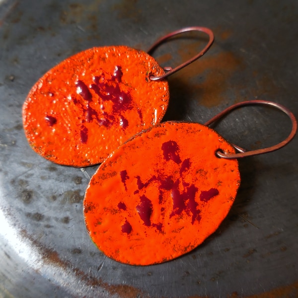 Organic enamel earrings, tropical orange red dangle earrings enamelled copper brass fine art jewelry mango pumpkin dragon fire unique gift